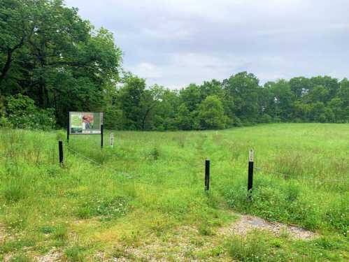 A grassy path leads into a lush green field, with a signpost visible on the left and trees in the background.