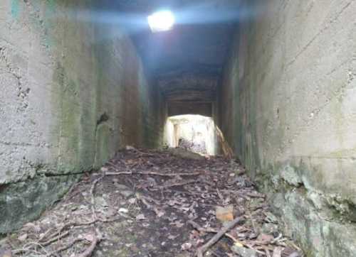 A dimly lit, abandoned concrete tunnel with a dirt floor and scattered debris, leading to a bright opening at the end.