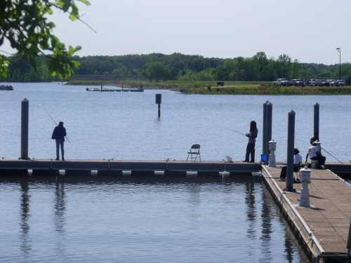 Two people fish from a dock by a calm lake, with a few others nearby and a distant view of boats on the water.