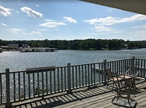 A serene lakeside view from a deck, featuring water, trees, and a clear blue sky with scattered clouds.