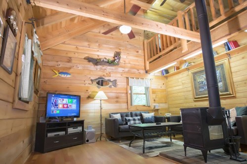 Cozy wooden cabin interior with a TV, sofa, coffee table, and a wood stove, featuring rustic decor and natural light.