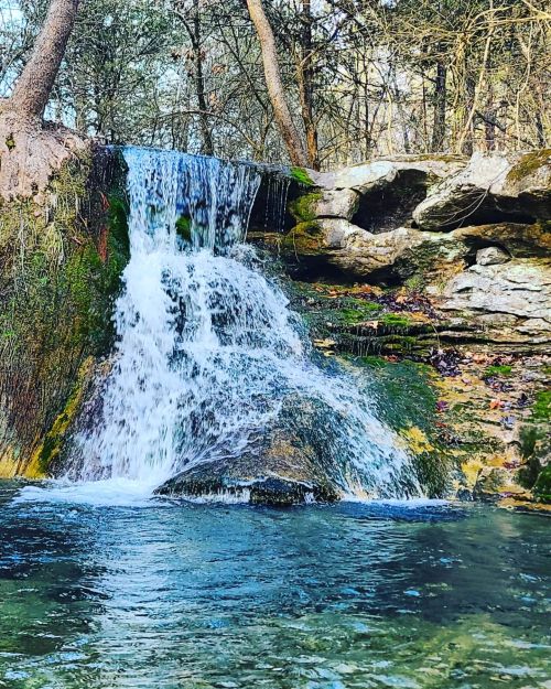 A serene waterfall cascades over rocks into a clear pool, surrounded by lush greenery and trees.