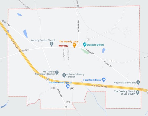 Map of Waverly, highlighting local businesses and landmarks, with roads and water features marked.