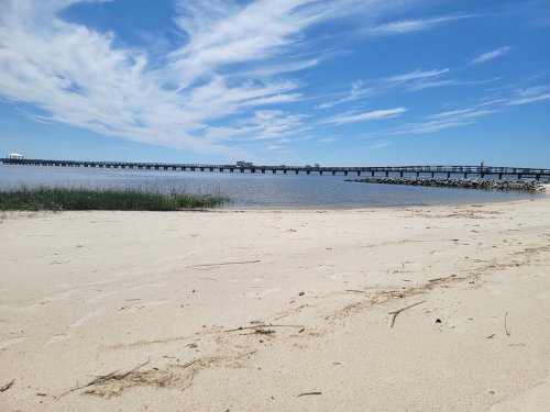 A sandy beach with a calm water view and a long wooden pier extending into the distance under a blue sky.