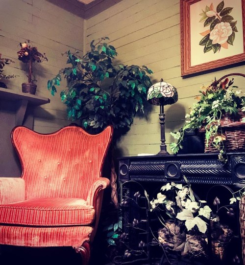 A cozy corner featuring a vintage red armchair, a decorative lamp, and lush green plants against a rustic wall.
