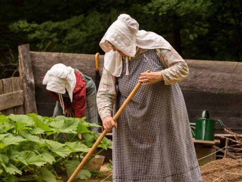 Two women in traditional attire gardening, one using a hoe and the other tending to plants in a lush green setting.