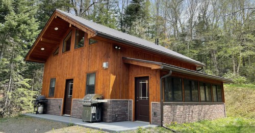 A modern wooden cabin with large windows, surrounded by trees, featuring a grill on the patio.