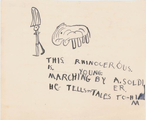 Child's drawing of a rhinoceros and a soldier, with handwritten text describing the scene.