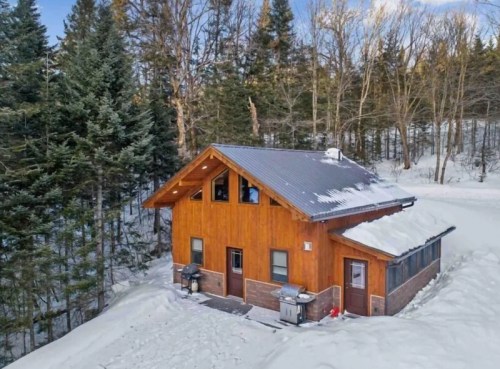A cozy wooden cabin surrounded by snow-covered trees, featuring a sloped roof and outdoor grills.