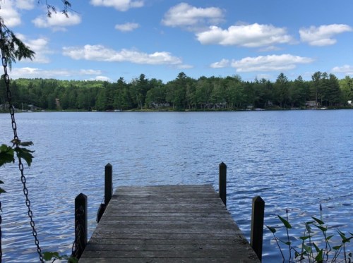 A wooden dock extends into a calm lake, surrounded by lush green trees and a blue sky with fluffy clouds.