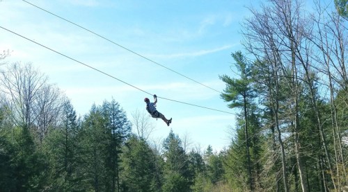 A person zip-lining through a forest with trees and a clear blue sky in the background.