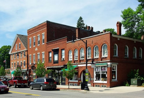 A charming street view of brick buildings with shops and trees, showcasing a small-town atmosphere.