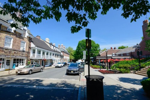 A charming street scene with historic buildings, parked cars, and lush greenery under a clear blue sky.