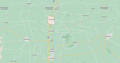 Map showing the area around Kentwood, Louisiana, with highways and nearby towns marked.