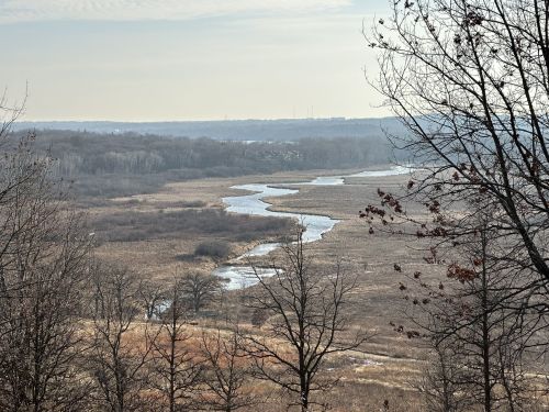 A serene landscape featuring a winding river through a grassy field, surrounded by bare trees and distant hills.