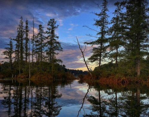 Serene lake scene at dusk, with trees reflecting on calm water and a colorful sky in the background.