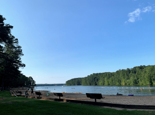 A serene lake scene with a sandy beach, people swimming, and lush green trees under a clear blue sky.