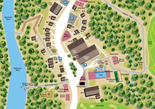 Map of a recreational area featuring amenities like a pool, playground, sports courts, and access to the Meramec River.