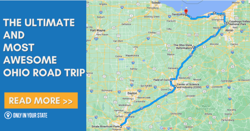 Map highlighting a road trip route in Ohio, with text promoting an ultimate road trip guide.