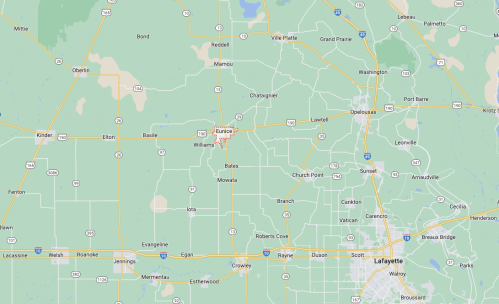 Map showing the area around Eunice, Louisiana, with nearby towns and highways marked.