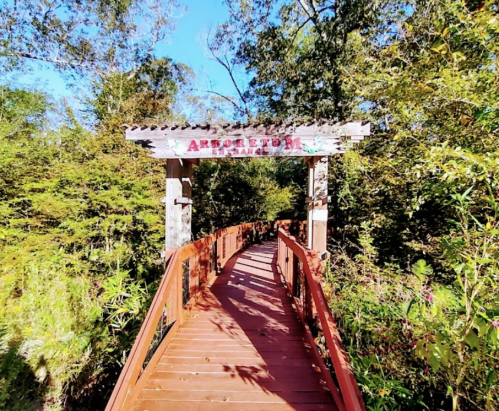 A wooden bridge leads into a lush, green forest, marked by a sign that reads "Arboretum Entrance."