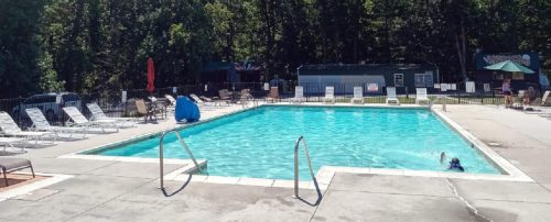 A clear swimming pool surrounded by lounge chairs and trees, with a person swimming in the water.
