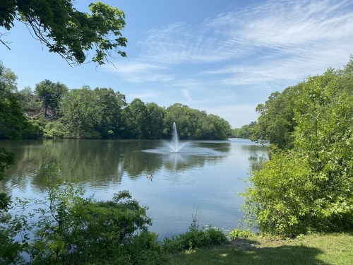 A serene lake surrounded by lush greenery, featuring a fountain and a clear blue sky.