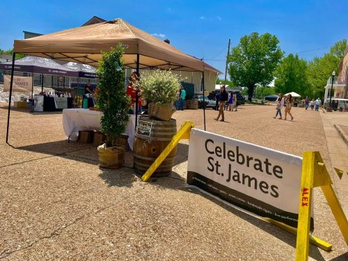 A street market scene with a tent, vendors, and a sign reading "Celebrate St. James" in a sunny outdoor setting.