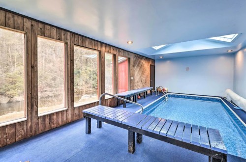 Indoor swimming pool with wooden walls, large windows, and a blue carpet, overlooking a natural landscape.