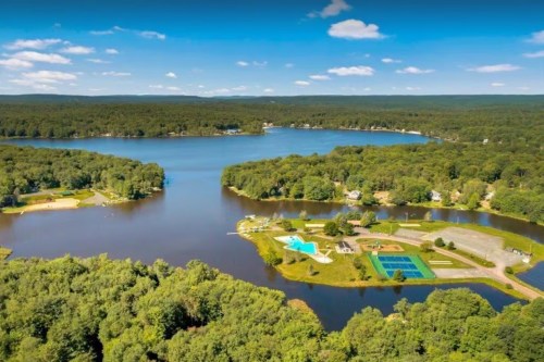 Aerial view of a serene lake surrounded by lush greenery, featuring recreational areas and sports facilities.