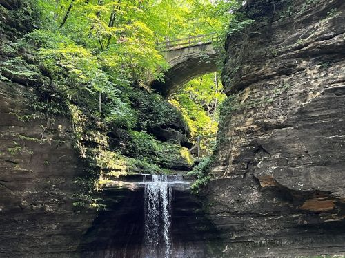 A serene waterfall cascades down rocky cliffs, surrounded by lush green foliage and a stone bridge above.