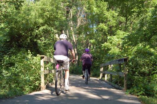 Two cyclists ride over a wooden bridge surrounded by lush green trees and foliage.