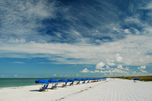 A serene beach scene with blue umbrellas lined up on white sand under a bright sky with fluffy clouds.