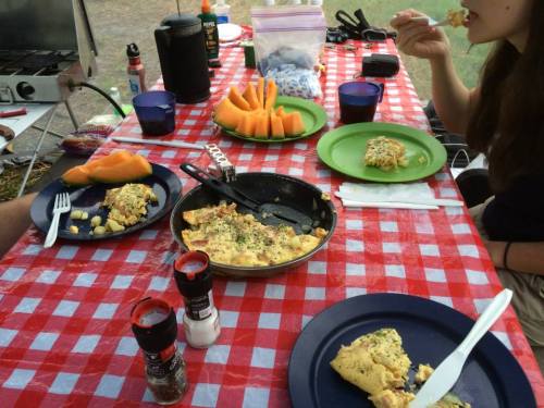 A picnic table with a red checkered tablecloth, plates of omelets, fruit, and condiments, with people enjoying the meal.