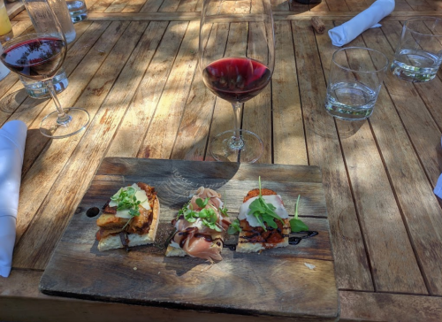 A wooden platter with three gourmet appetizers and a glass of red wine on a rustic table.