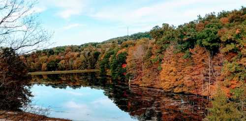 A serene lake surrounded by trees in vibrant autumn colors, reflecting the sky and foliage.