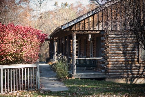 A rustic log cabin with a porch, surrounded by colorful autumn foliage and a pathway leading to the entrance.