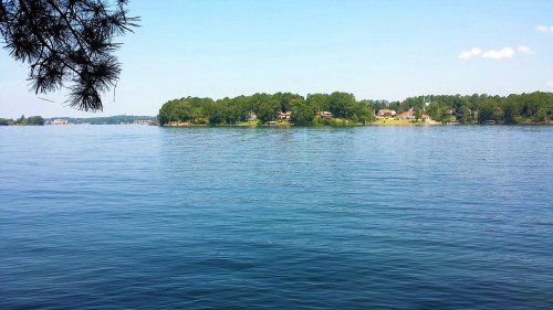 A calm lake scene with clear blue water and a lush green island in the background under a clear sky.