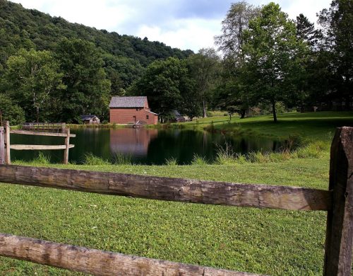 A serene landscape featuring a pond, green grass, trees, and a rustic building in the background.