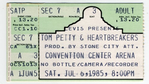 Concert ticket for Tom Petty & the Heartbreakers at Convention Center Arena, July 6, 1985, 8:00 PM.