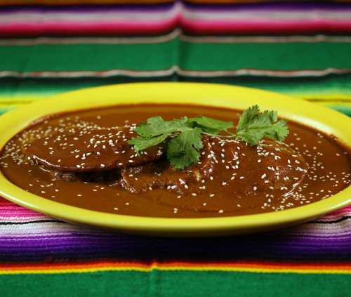 A vibrant plate of mole sauce with tortillas, garnished with sesame seeds and cilantro, on a colorful woven tablecloth.