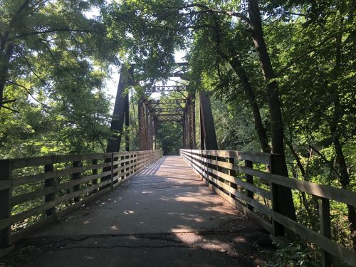 A metal bridge surrounded by lush green trees, with sunlight casting shadows on the pathway.