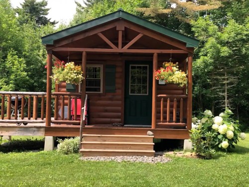 A cozy wooden cabin with a green door, surrounded by greenery and flowers, featuring a small porch and steps.