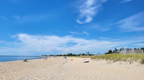 A sunny beach scene with soft sand, gentle waves, and a clear blue sky, dotted with a few beachgoers and greenery.
