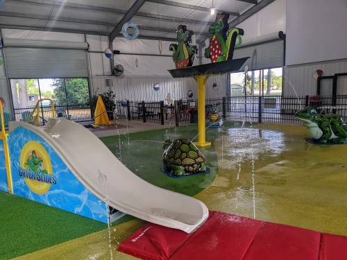Indoor play area featuring a water slide, turtle sculptures, and splash features in a colorful setting.