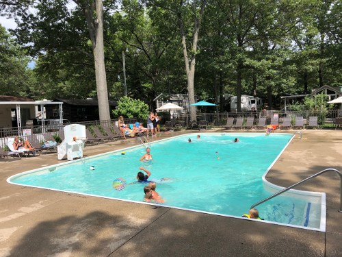 A sunny pool scene with children playing in the water, surrounded by lounge chairs and trees.