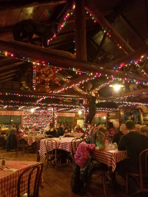 Cozy restaurant interior decorated with colorful lights, featuring wooden beams and checkered tablecloths, filled with diners.