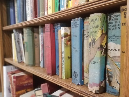 A close-up of a wooden bookshelf filled with colorful vintage books, some with worn spines and covers.