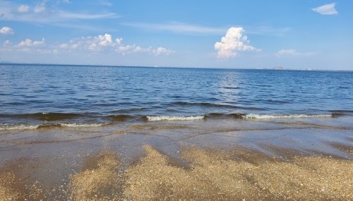 A serene beach scene with gentle waves lapping at the shore under a clear blue sky with fluffy clouds.