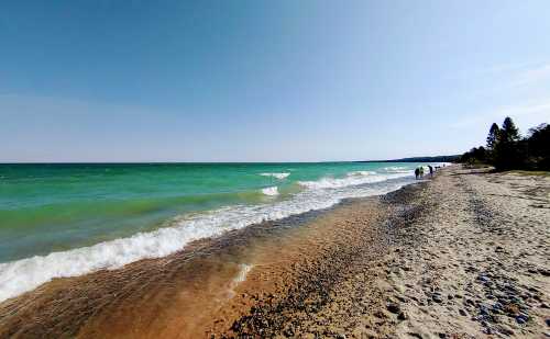 A serene beach scene with gentle waves, sandy shore, and two people walking along the water under a clear blue sky.